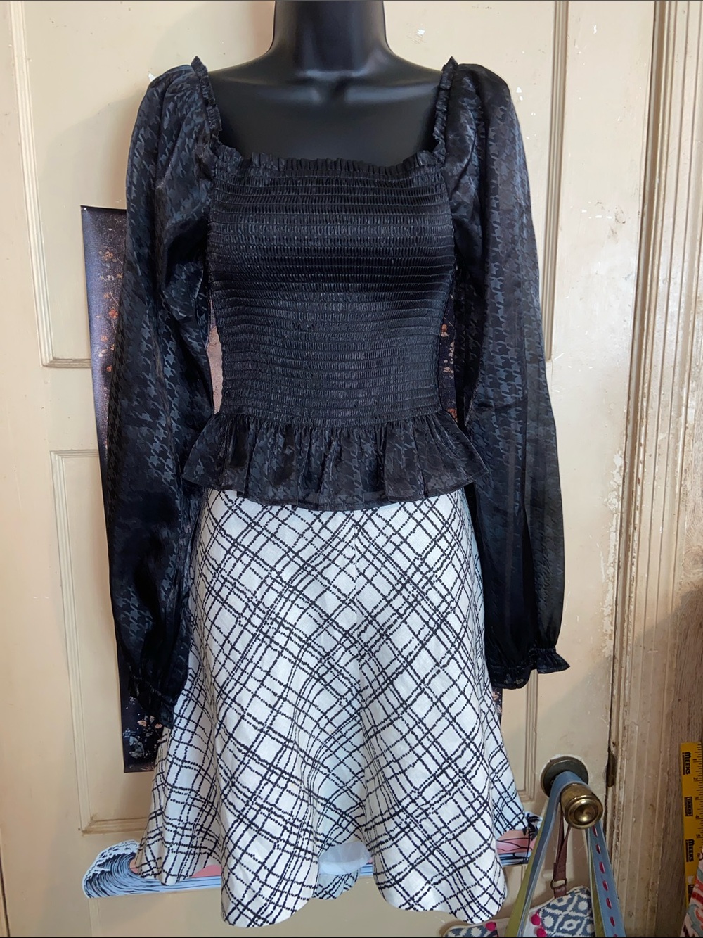 BLACK SMOCKED LONG SLEEVE CROP TOP Sheer Houndstooth Sleeves WAYF NWOT